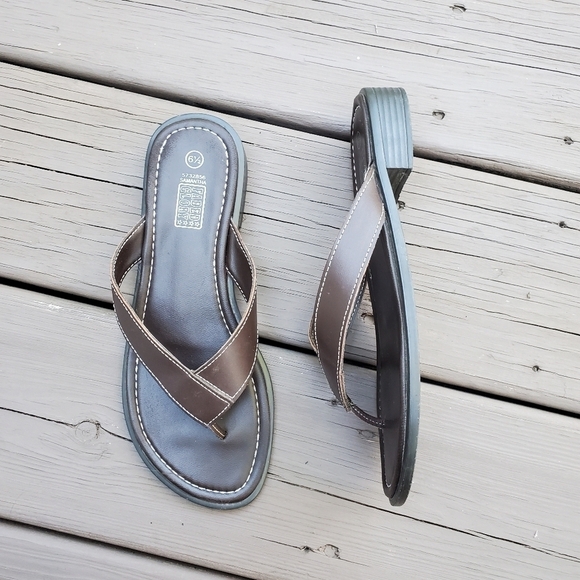 Vintage 90s y2k Brown Leather Strappy Chunky Heel Flip Flop Thong Sandals 6.5 - Picture 1 of 8